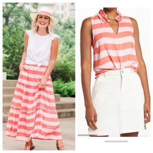 NWT-Matching SET Gibson Coral/White Striped Maxi Skirt and Sleeveless Ruffle Top
